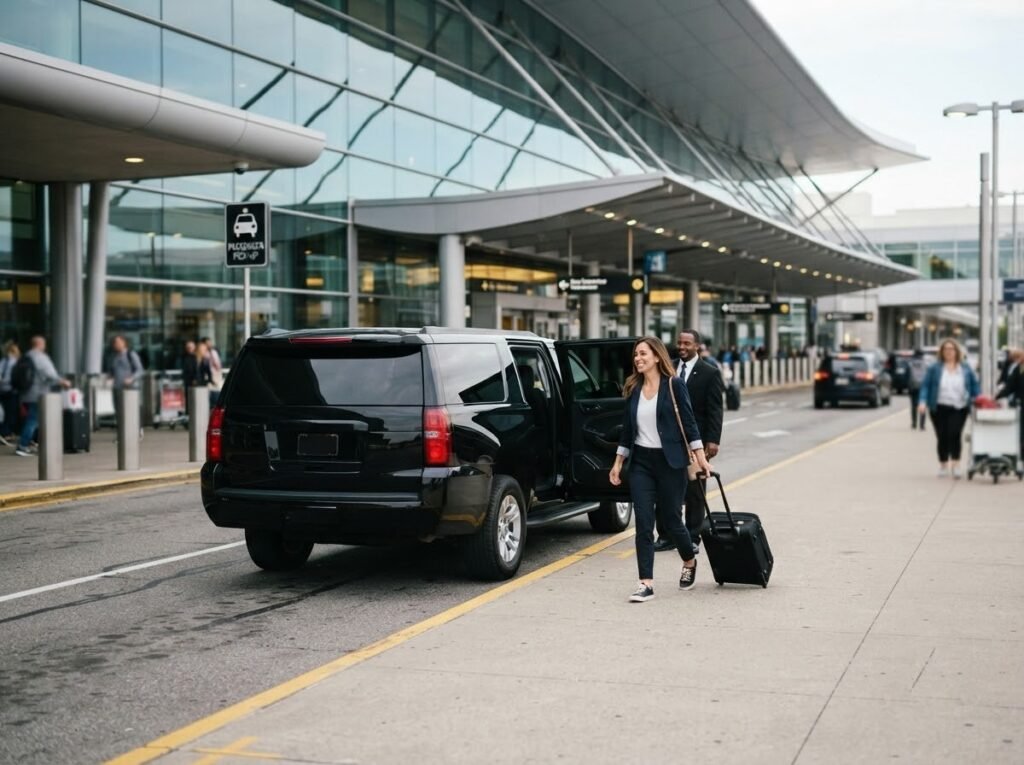 Traveller with luggage at an airport pick-up