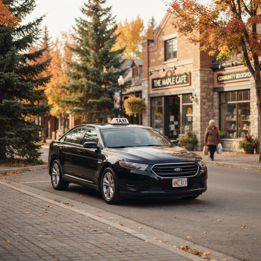 Black taxi parked on a town street